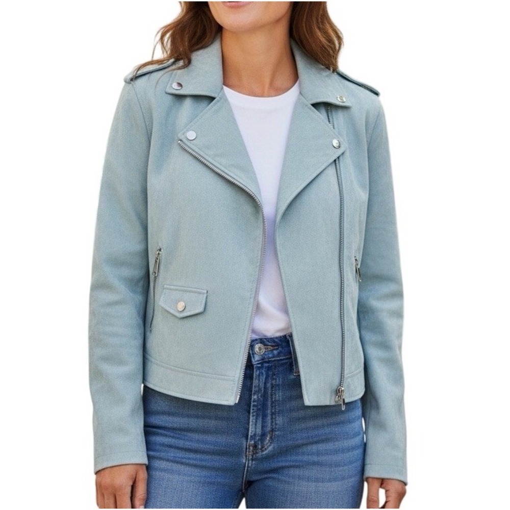 Outer Edge Womens Jacket L Pastel Blue Faux Suede Edgy Moto Biker Soft Girl Chic